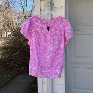 Kim Rogers Pretty Pink White Floral Cotton Short Sleeve Split Neck Blouse